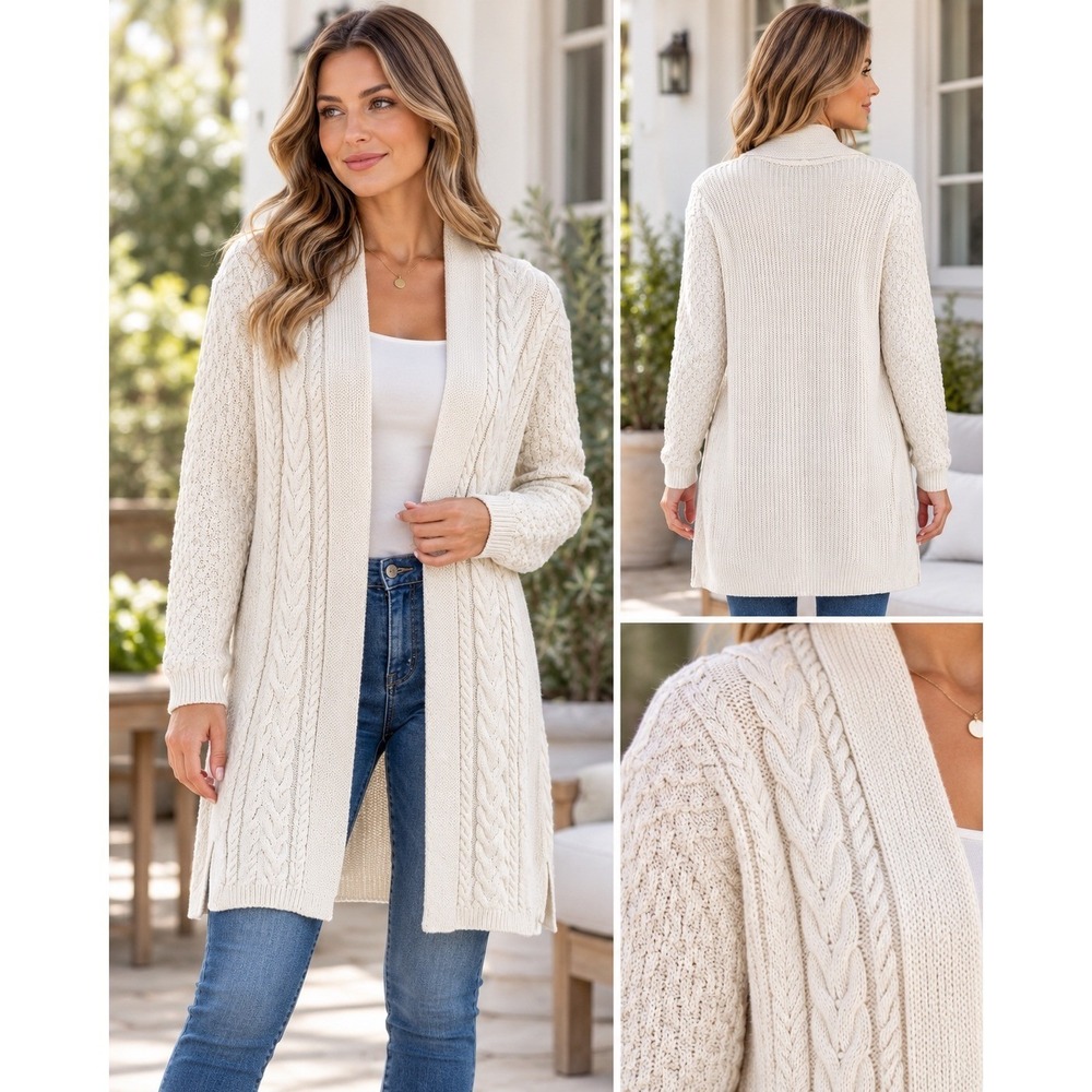 J.Jill Cardigan Women M Ivory Cable Knit Long Open Front Cotton Blend Sweater